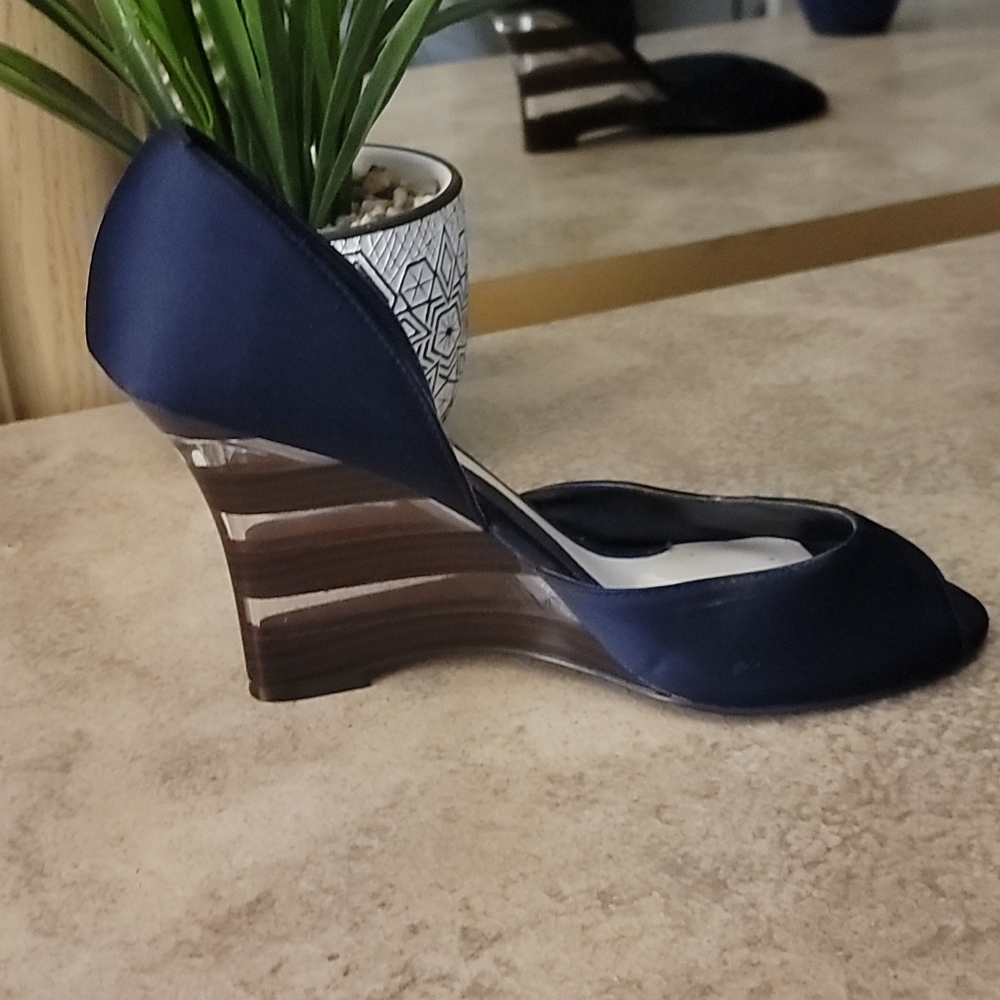 LelaRose Navy Blue  Peep toe wedge